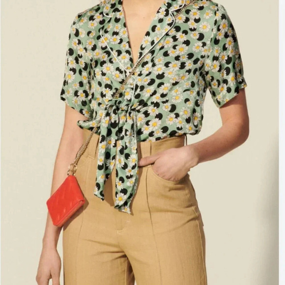 Sandro Blouse Top Shirt Short Sleeve Tie Front Daisy Floral Green New Size Large - Picture 1 of 12